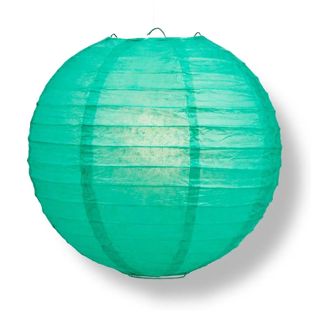 12" Teal Green Round Paper Lantern, Parallel Ribbing, Chinese Hanging Wedding & Party Decoration