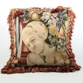 20th Century French Woven Tapestry Sofa Pillow #2, Figural, Like Aubusson, 17" Sq Plus Fringe