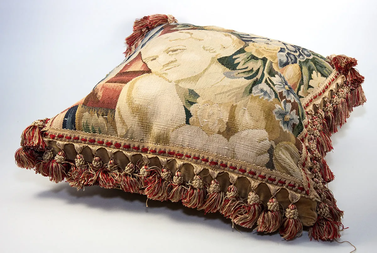 20th Century French Woven Tapestry Sofa Pillow #2, Figural, Like Aubusson, 17" Sq Plus Fringe