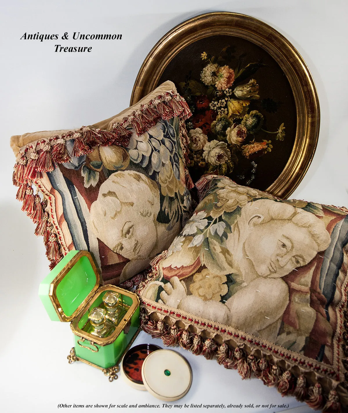 20th Century French Woven Tapestry Sofa Pillow #2, Figural, Like Aubusson, 17" Sq Plus Fringe
