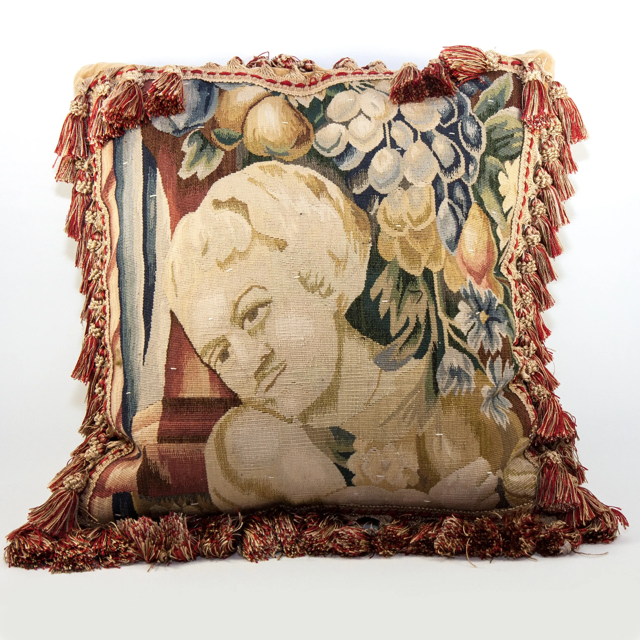 20th Century French Woven Tapestry Sofa Pillow #2, Figural, Like Aubusson, 17" Sq Plus Fringe