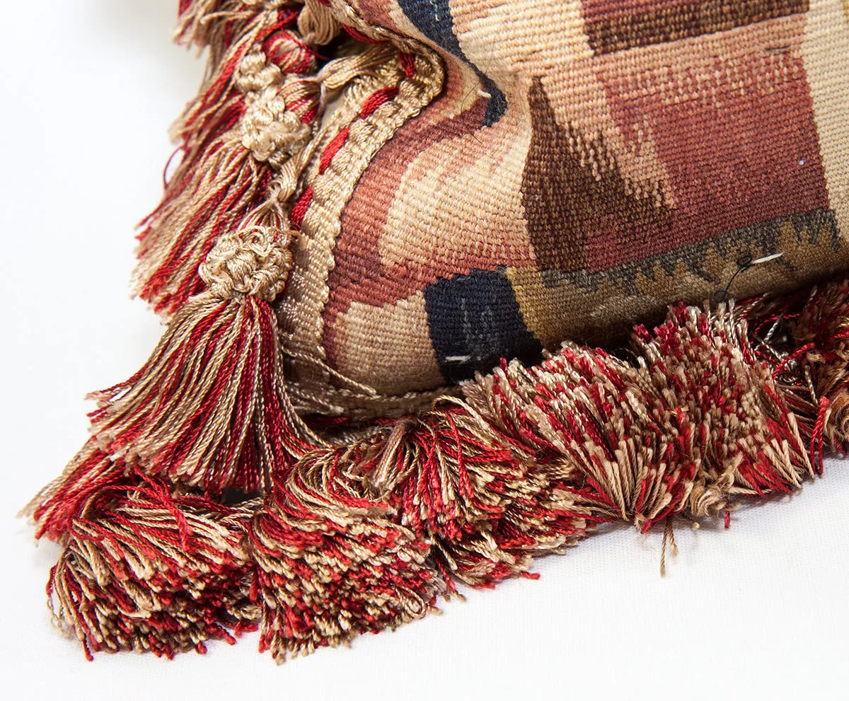 20th Century French Woven Tapestry Sofa Pillow #2, Figural, Like Aubusson, 17" Sq Plus Fringe