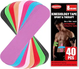 40PCS Precut Kinesiology Tape Strips, 8 Colors 2 inch x 10 inch Cotton Athletic Tape, Kinetic Tape, Elastic Muscle Tape, Sports Tape, Knee Tape for Exercise and Daily Use