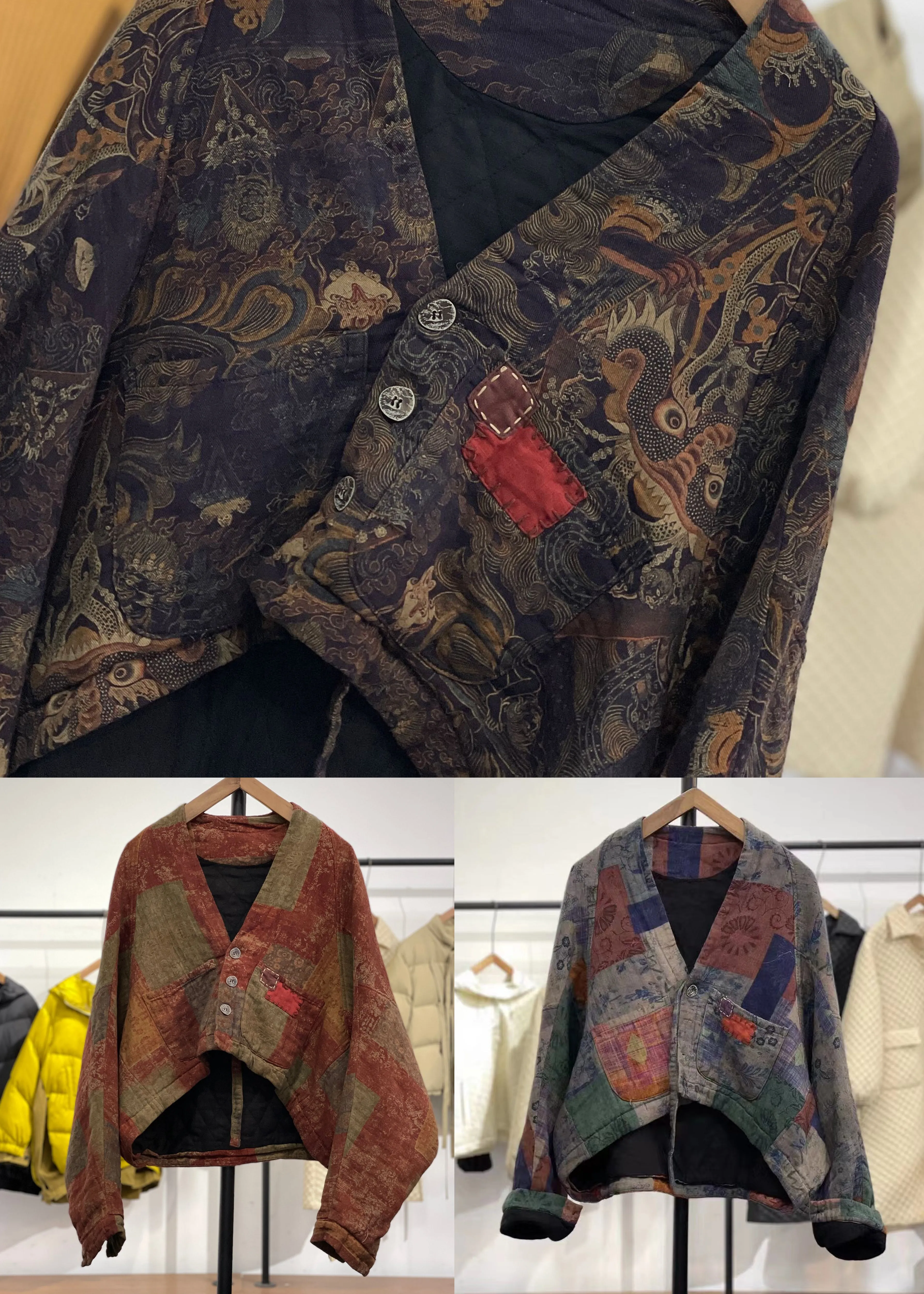 Boho Purple Asymmetrical Patchwork Fine Cotton Filled Coats Winter ML2579