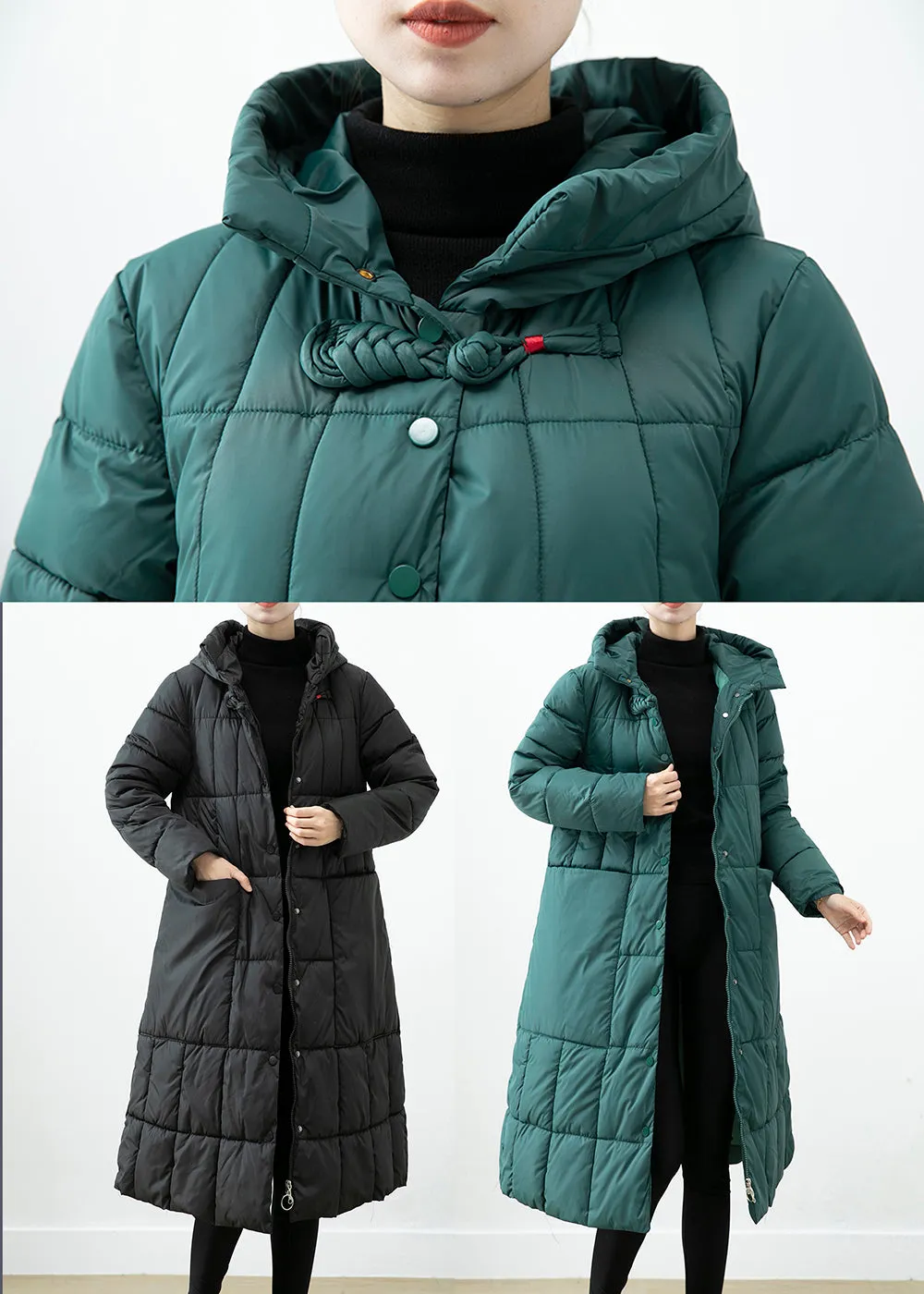 Boutique Blackish Green Hooded Pockets Fine Cotton Filled Winter Coats ML2510