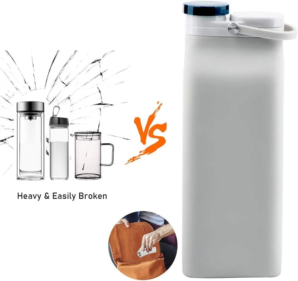 Collapsible Water Bottle BPA Free - 20 oz Foldable Water Bottle for Travel Sports Bottles with Triple Leak Proof Lightweight (Grey)