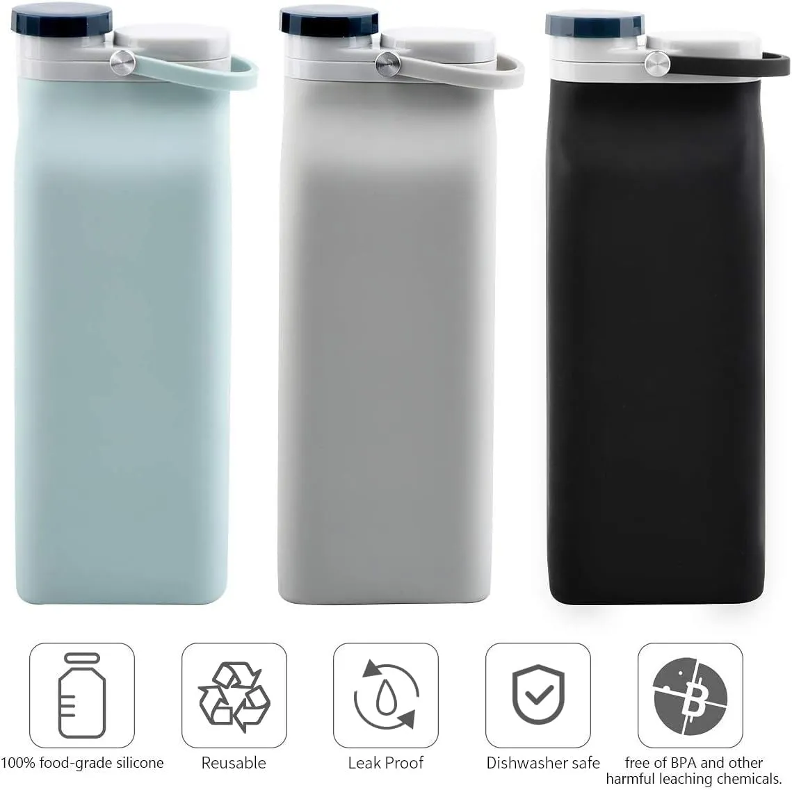 Collapsible Water Bottle BPA Free - 20 oz Foldable Water Bottle for Travel Sports Bottles with Triple Leak Proof Lightweight (Grey)