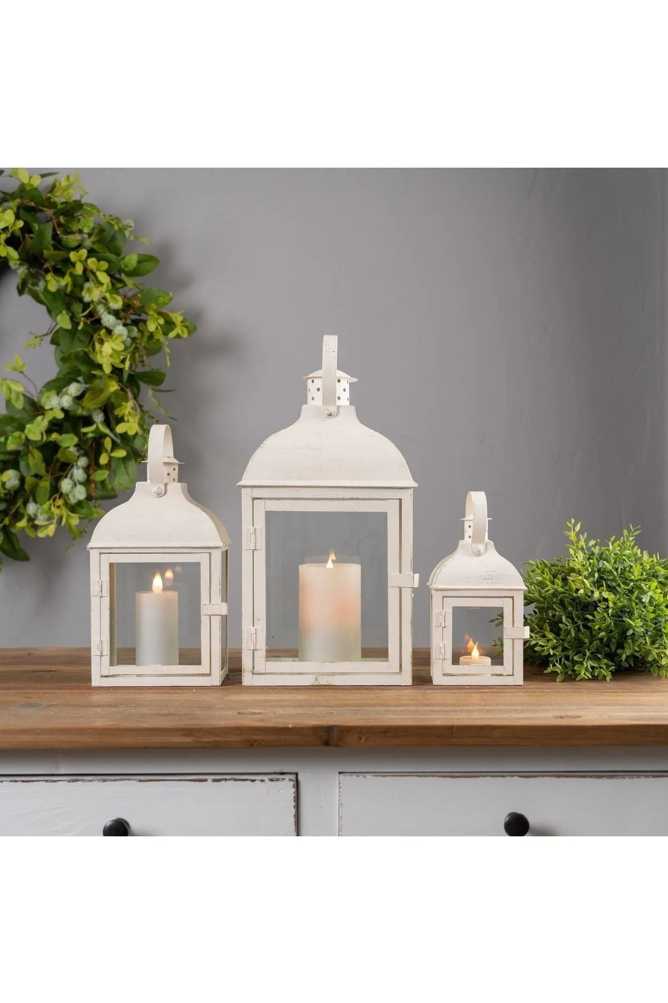 Cream White Iron Metal and Glass Lanterns (Set of 3)