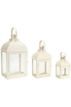 Cream White Iron Metal and Glass Lanterns (Set of 3)