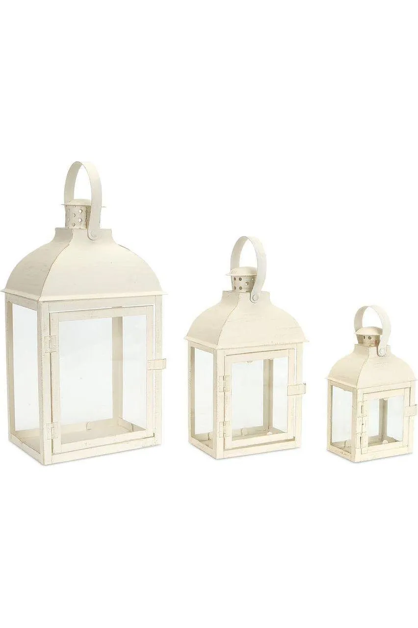 Cream White Iron Metal and Glass Lanterns (Set of 3)