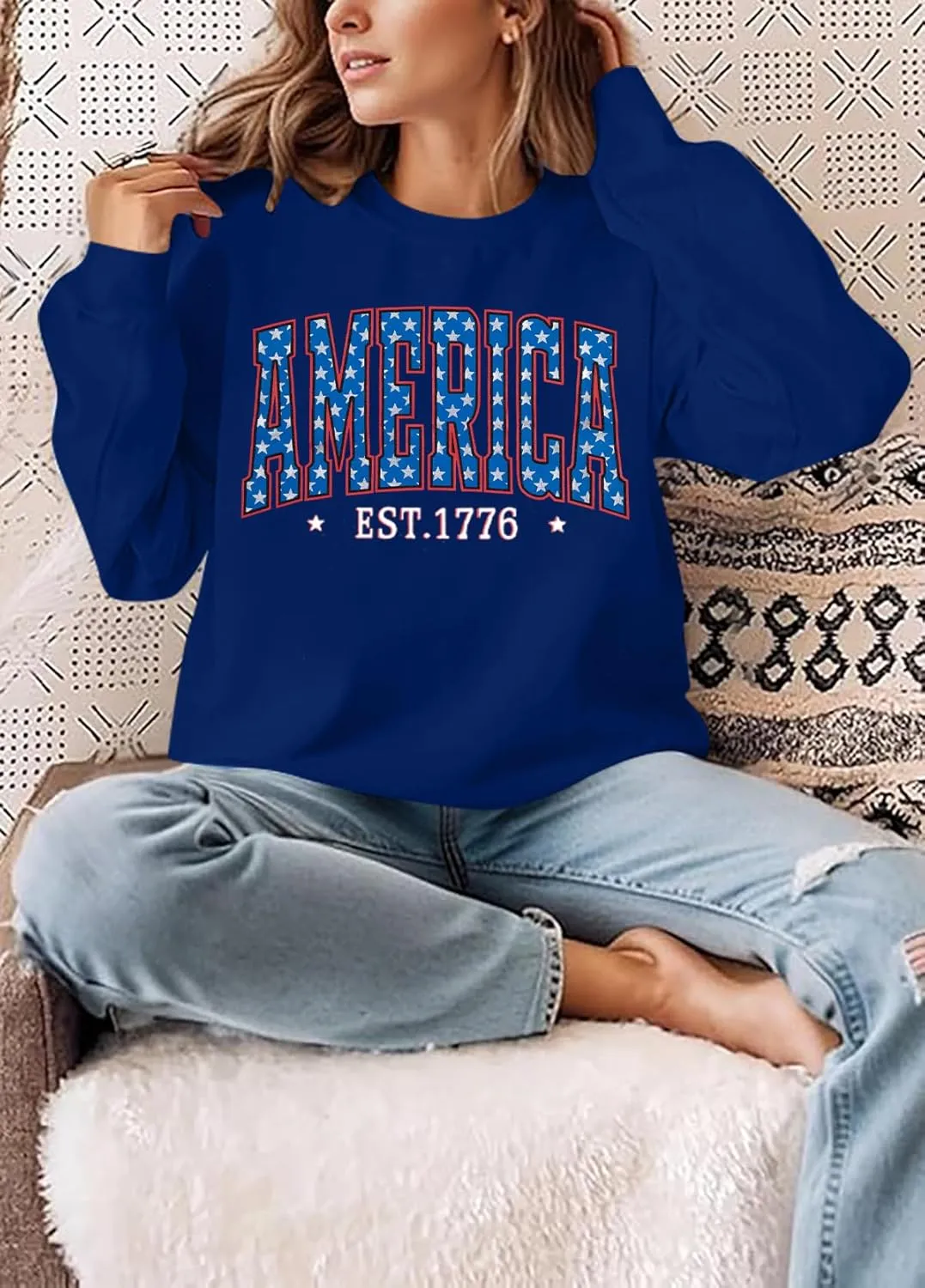 DUTUT American Oversized Sweatshirt Women USA Shirt Patriotic TShirt Casual Long Sleeve Pullover 4th of July Tee Tops