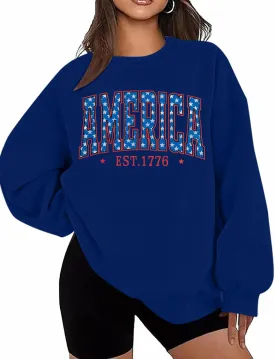 DUTUT American Oversized Sweatshirt Women USA Shirt Patriotic TShirt Casual Long Sleeve Pullover 4th of July Tee Tops