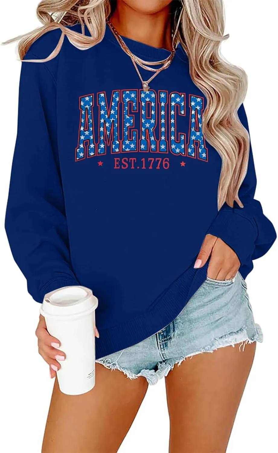 DUTUT American Oversized Sweatshirt Women USA Shirt Patriotic TShirt Casual Long Sleeve Pullover 4th of July Tee Tops