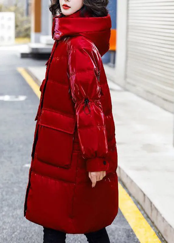 Fashion Red Stand Collar Zippered Patchwork Bright Hooded Long Fine Cotton Filled Coats Winter LY9907