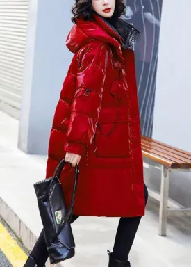 Fashion Red Stand Collar Zippered Patchwork Bright Hooded Long Fine Cotton Filled Coats Winter LY9907