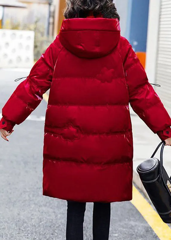 Fashion Red Stand Collar Zippered Patchwork Bright Hooded Long Fine Cotton Filled Coats Winter LY9907