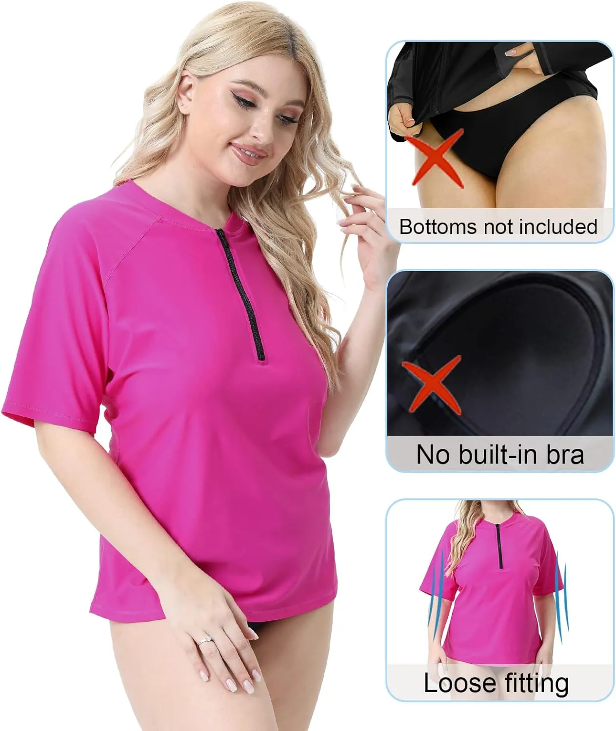 Halcurt Women's Plus Size Half Zip Short Sleeve Rash Guard Swim Top Loose Fit Swim Shirt UPF50  Swimsuit