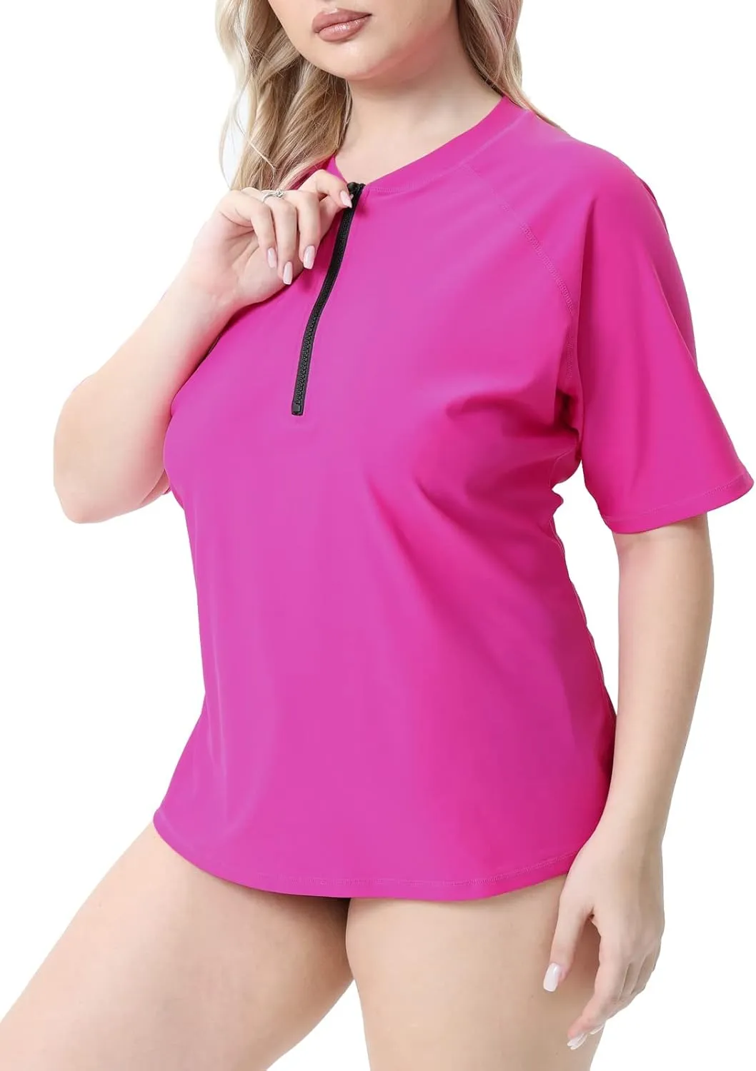 Halcurt Women's Plus Size Half Zip Short Sleeve Rash Guard Swim Top Loose Fit Swim Shirt UPF50  Swimsuit