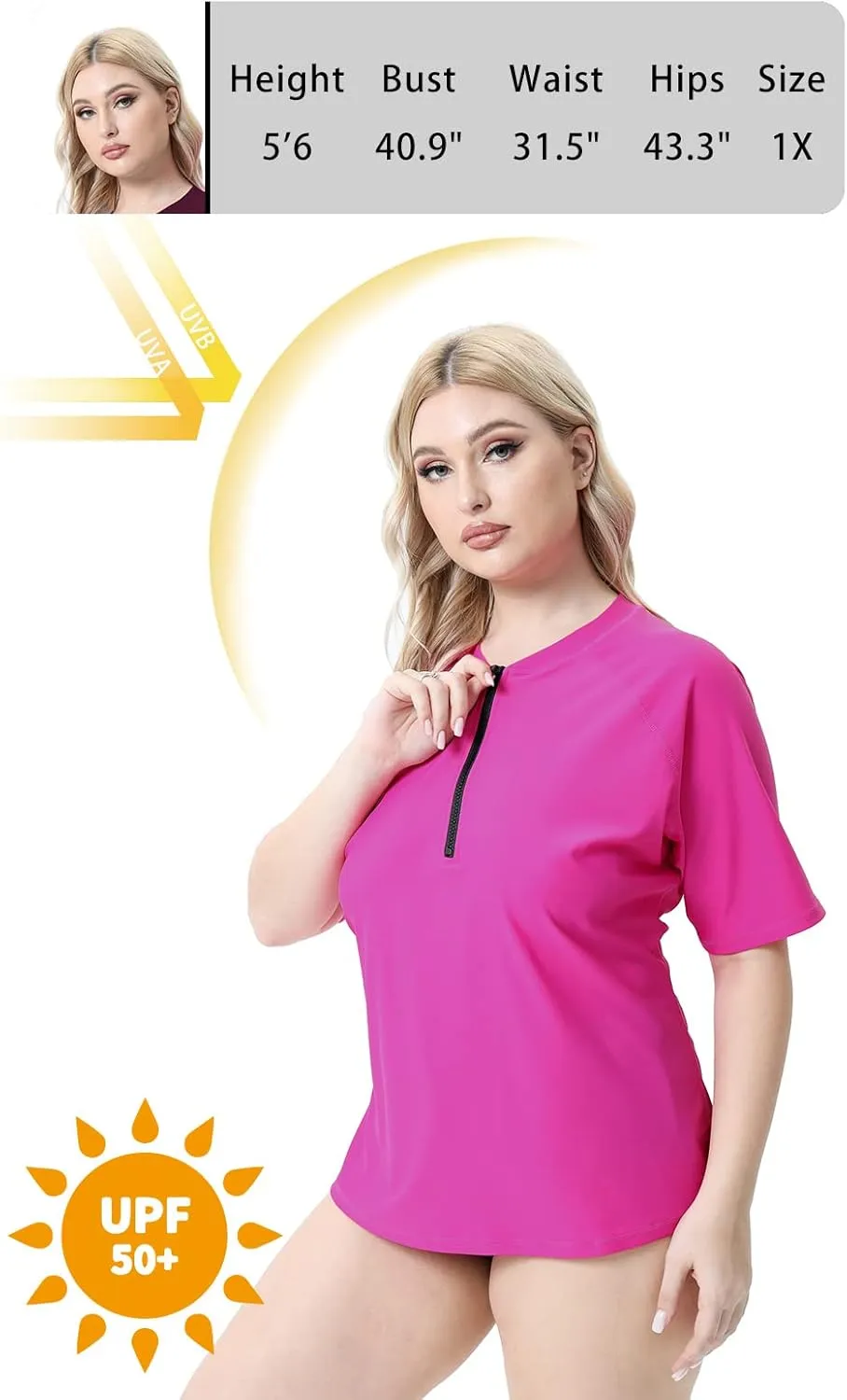 Halcurt Women's Plus Size Half Zip Short Sleeve Rash Guard Swim Top Loose Fit Swim Shirt UPF50  Swimsuit