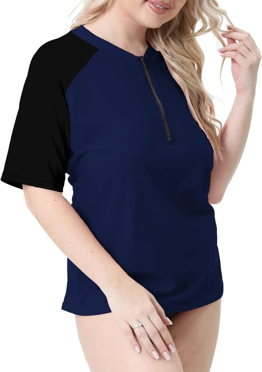 Halcurt Women's Plus Size Half Zip Short Sleeve Rash Guard Swim Top Loose Fit Swim Shirt UPF50  Swimsuit