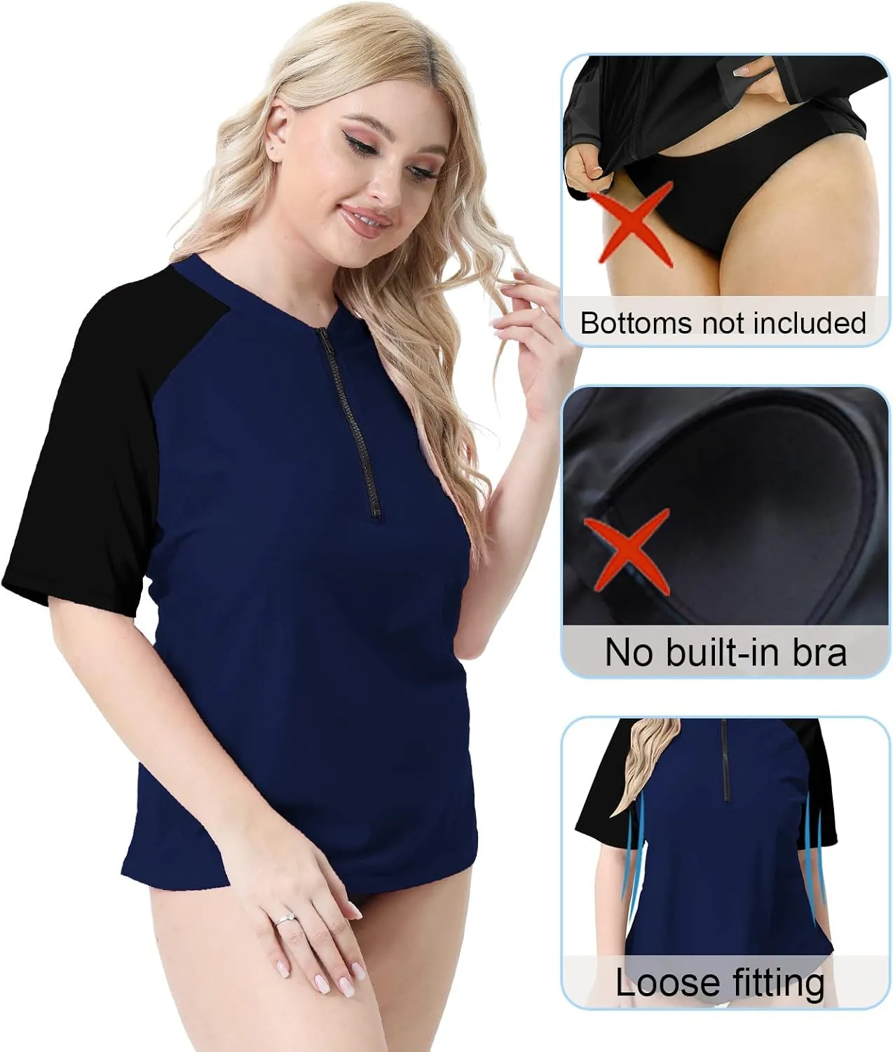 Halcurt Women's Plus Size Half Zip Short Sleeve Rash Guard Swim Top Loose Fit Swim Shirt UPF50  Swimsuit
