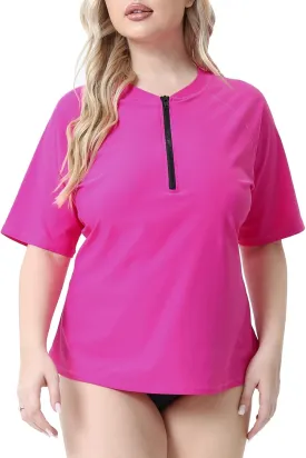 Halcurt Women's Plus Size Half Zip Short Sleeve Rash Guard Swim Top Loose Fit Swim Shirt UPF50  Swimsuit