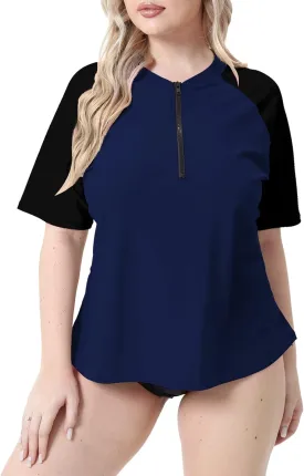 Halcurt Women's Plus Size Half Zip Short Sleeve Rash Guard Swim Top Loose Fit Swim Shirt UPF50  Swimsuit