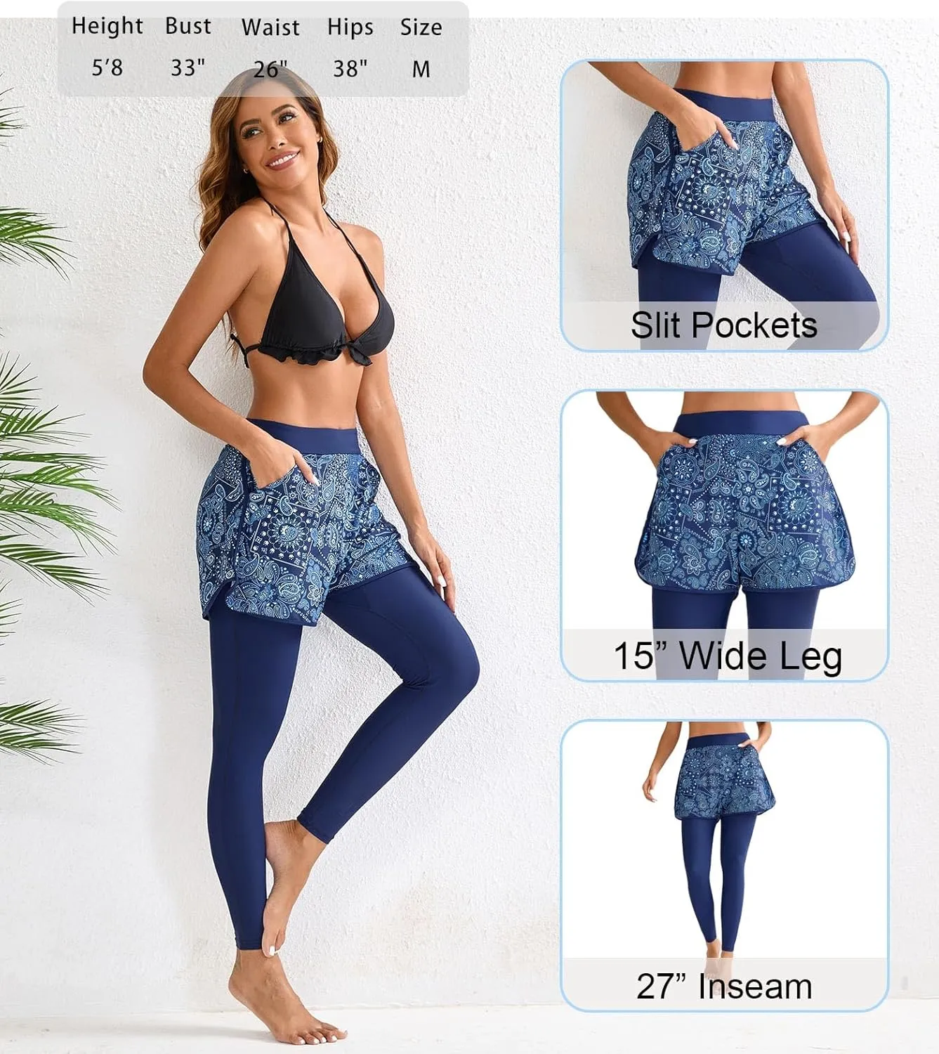Halcurt Womens Swim Pants with Shorts 27" Swim Leggings Pockets Board Shorts Rash Guard Pants