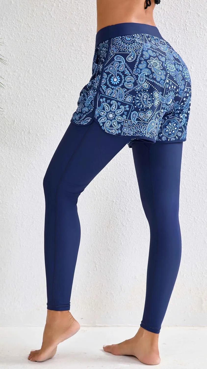Halcurt Womens Swim Pants with Shorts 27" Swim Leggings Pockets Board Shorts Rash Guard Pants
