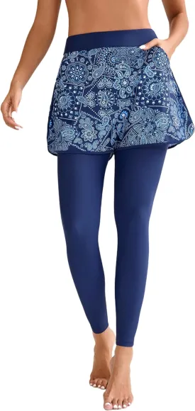 Halcurt Womens Swim Pants with Shorts 27" Swim Leggings Pockets Board Shorts Rash Guard Pants
