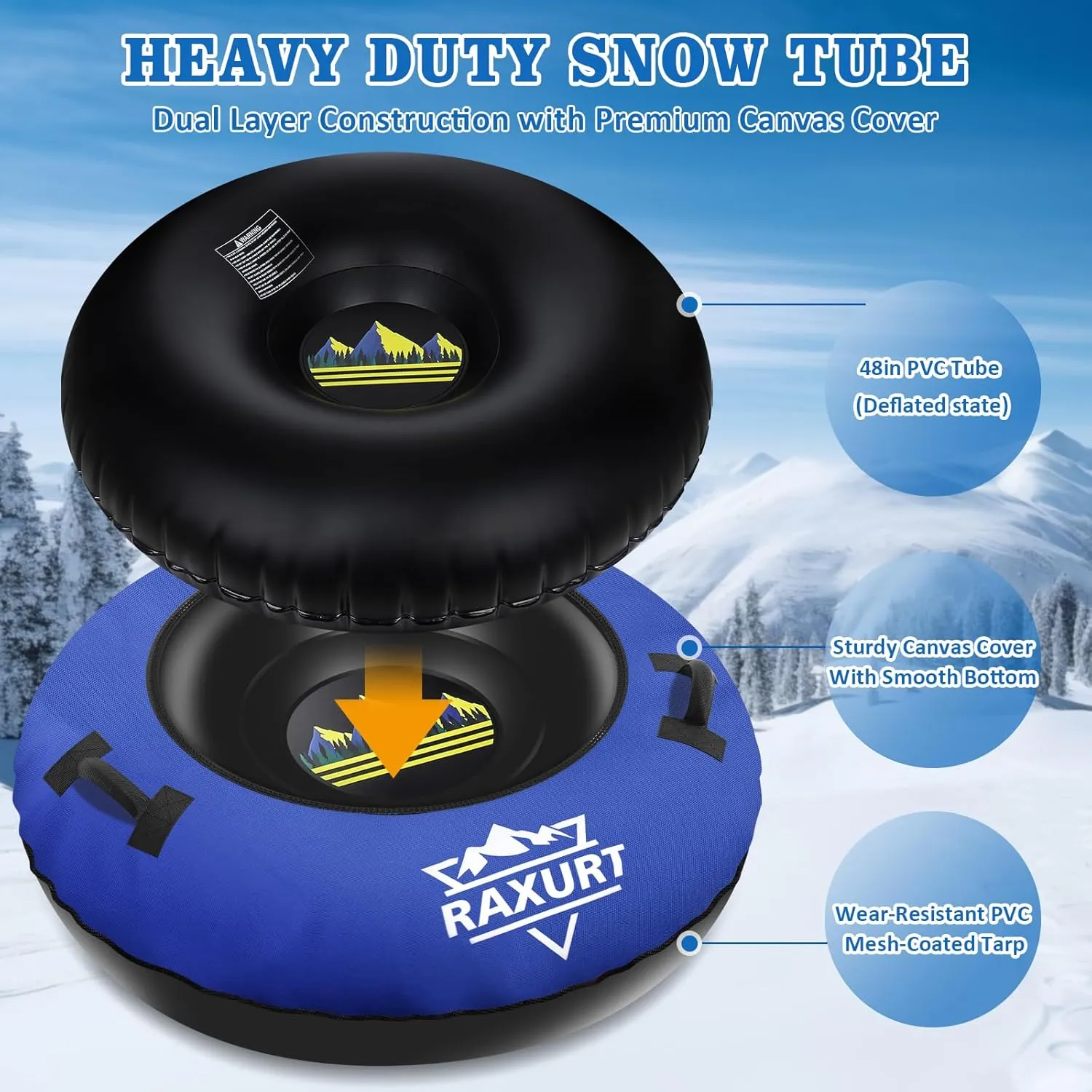 Heavy Duty Snow Tube with Premium Canvas Cover for Kids and Adults, 48'' Inflatable Snow Sled Made by Thickened Bottom, Sledding Winter Outdoor Fun Toys for Children Boys Girls