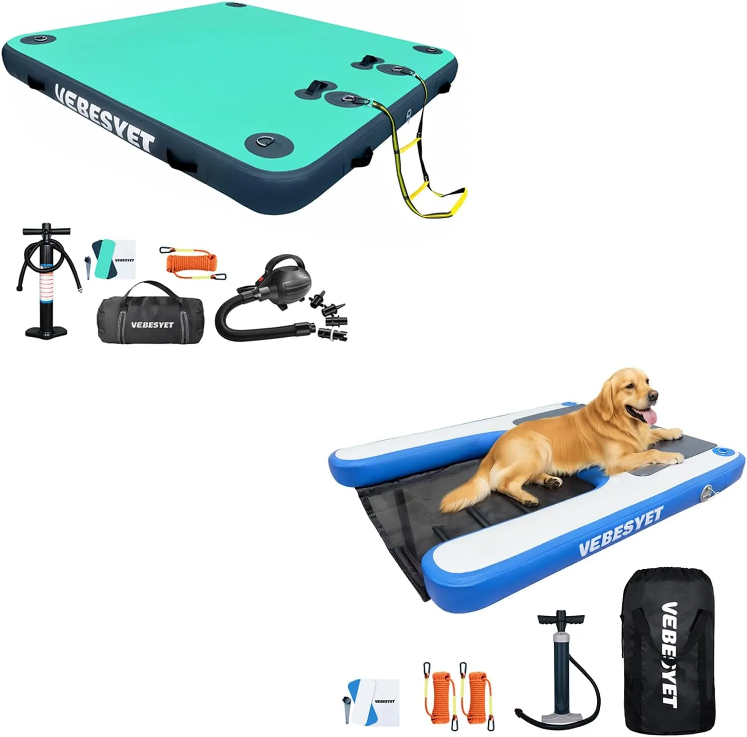 Inflatable Floating Dock Platform with Dog Water Ramp & Electric Pump, Multi-Person Floating Island Raft for Beach Lake Boating Ocean