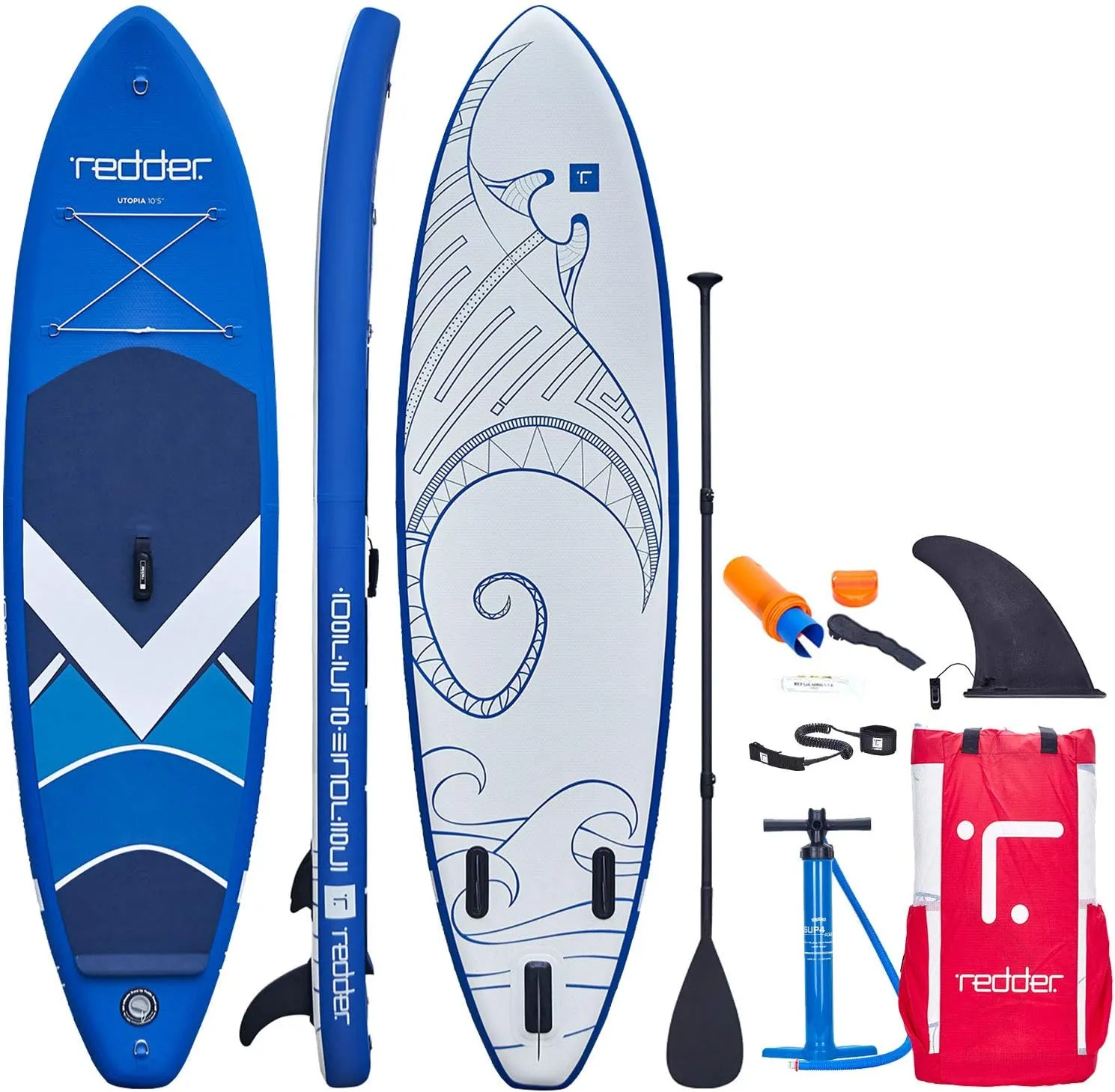 Inflatable Stand Up Paddle Board Utopia 10'5" x 31" x 6" All Round / Surf ISUP With Bravo SUP4 Double Action Hand Pump, 3 Piece 100% Carbon Paddle, 10' Leash, Portable Backpack And Repair Kit - REDDER