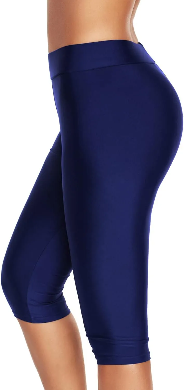 Lu's Chic Women's Long Swim Shorts Swimming Board Shorts High Waisted Tummy Control Capri Legging