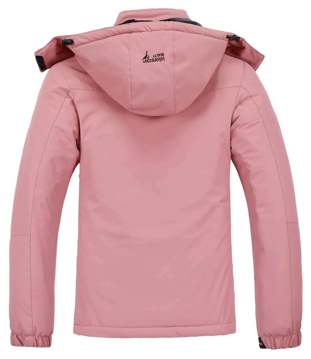 MOERDENG Women's Waterproof Ski Jacket Warm Winter Snow Coat Mountain Windbreaker Hooded Raincoat, Pink, X-Large