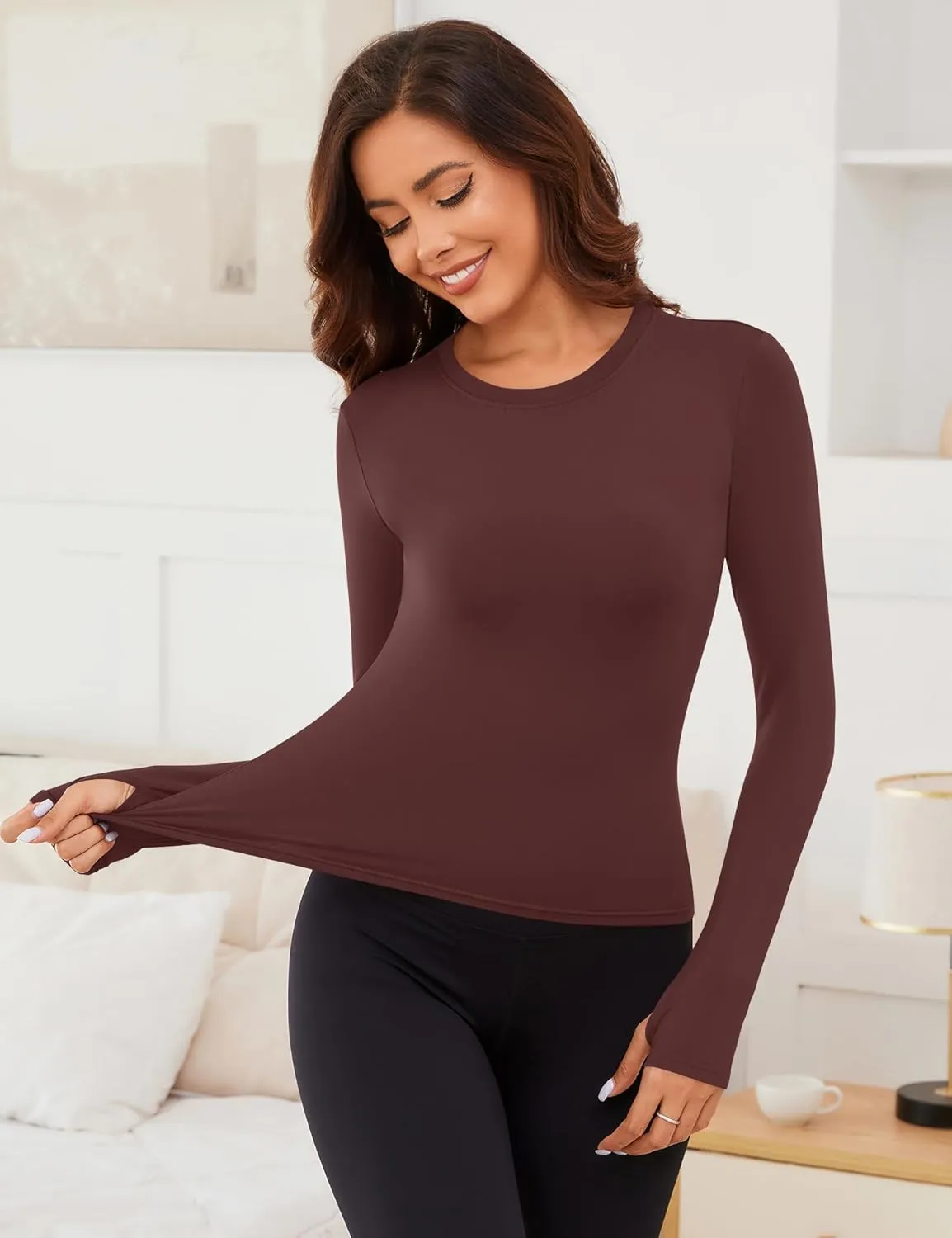 Rapbin Thermal Shirts for Women Long Sleeve Tops Ladies Fleece Undershirt for Winter Cold Weather with Thumb Holes XS-L
