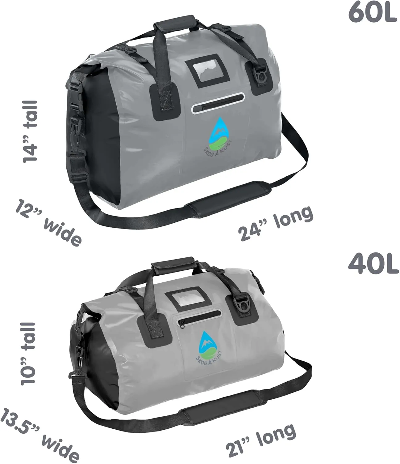 Skog  Kust Duffelsak Heavy Duty Waterproof Duffel - Gear Bag for Sports, Travel, & More - 40L Grey