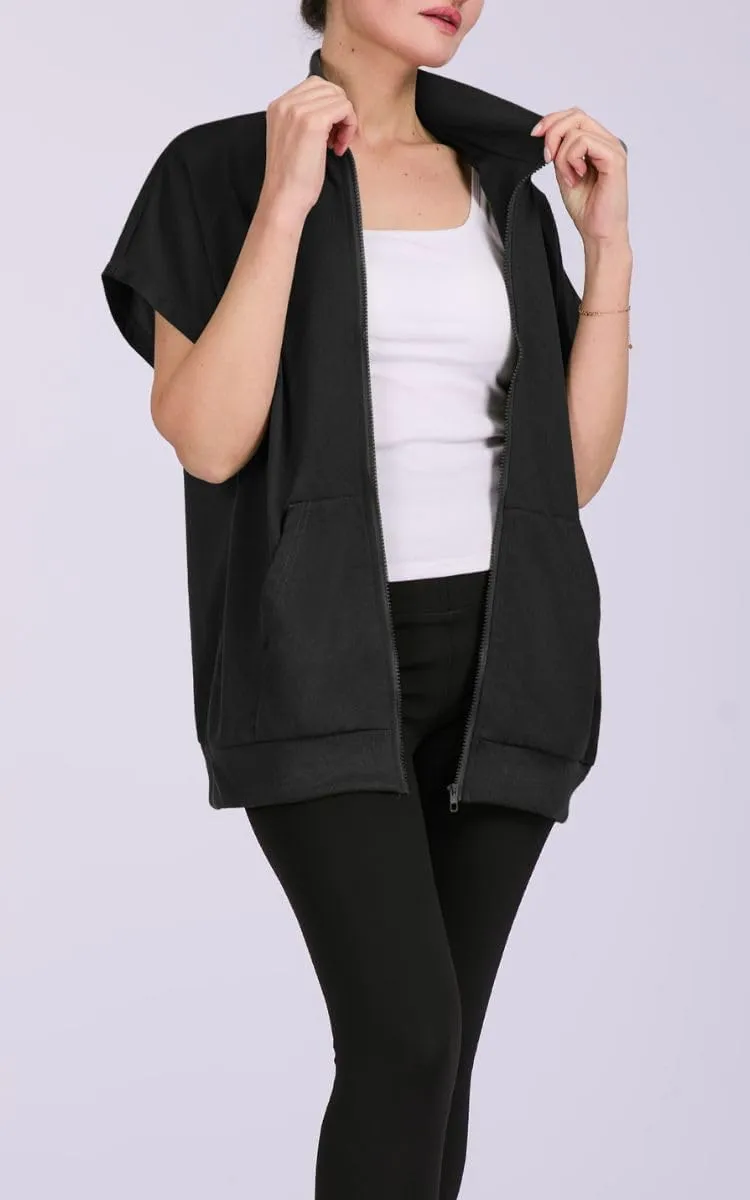 Women's Zip Up Sweatshirts Short Sleeve Lapel Oversized Summer Casual Loose Solid Sweatshirt Jacket with Pockets
